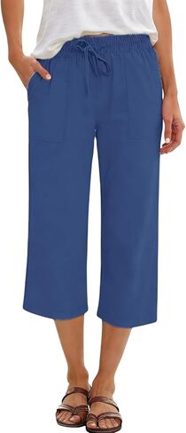Women's Capri Pants Linen Summer Beach Casual Drawstring Wide Leg Lounge Palazzo Pants High Waisted with Pockets in Saudi Arabia
