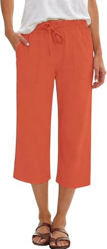 Women's Capri Pants Linen Summer Beach Casual Drawstring Wide Leg Lounge Palazzo Pants High Waisted with Pockets in Saudi Arabia