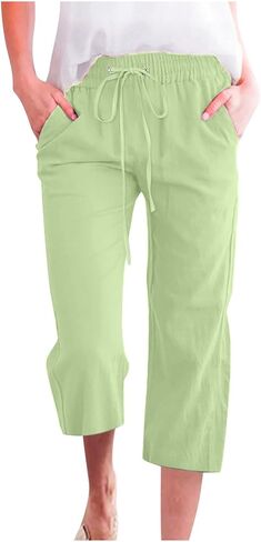 Women's Capri Pants Linen Summer Beach Casual Drawstring Wide Leg Lounge Palazzo Pants High Waisted with Pockets in Saudi Arabia