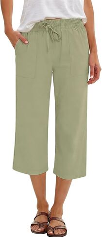 Women's Capri Pants Linen Summer Beach Casual Drawstring Wide Leg Lounge Palazzo Pants High Waisted with Pockets in Saudi Arabia