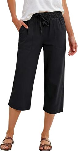 Women's Capri Pants Linen Summer Beach Casual Drawstring Wide Leg Lounge Palazzo Pants High Waisted with Pockets in Saudi Arabia