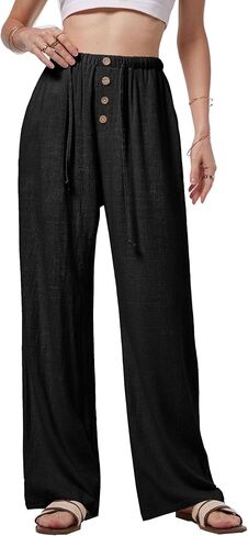 سراويل صيفية من الكتان للسيدات من Heipeiwa سراويل فضفاضة غير رسمية للشاطئ من القطن والكتان بأرجل واسعة مع جيوب in Kuwait