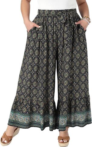 Agnes Orinda Women's Plus Size Wide Leg Pants Belted Boho Print Summer Palazzo Pants Flowy Beach Trousers with Pocket in Saudi Arabia