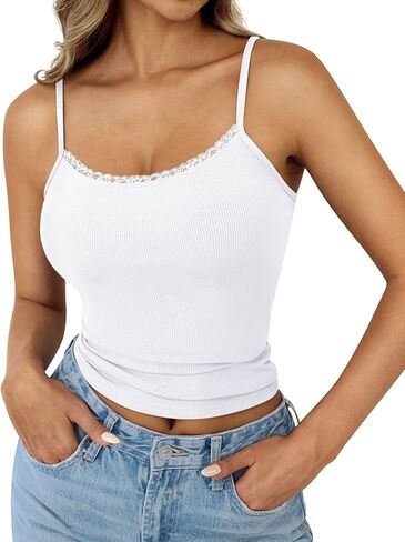 Camisole Tops for Women Lace Tank Top Ribbed Low Cut Fitted Basic Casual Shirts Adjustable Spaghetti Strap Tanks in Saudi Arabia