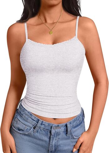 Camisole Tops for Women Lace Tank Top Ribbed Low Cut Fitted Basic Casual Shirts Adjustable Spaghetti Strap Tanks in Saudi Arabia