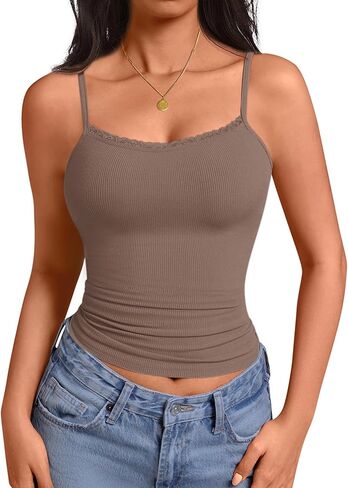 Camisole Tops for Women Lace Tank Top Ribbed Low Cut Fitted Basic Casual Shirts Adjustable Spaghetti Strap Tanks in Saudi Arabia