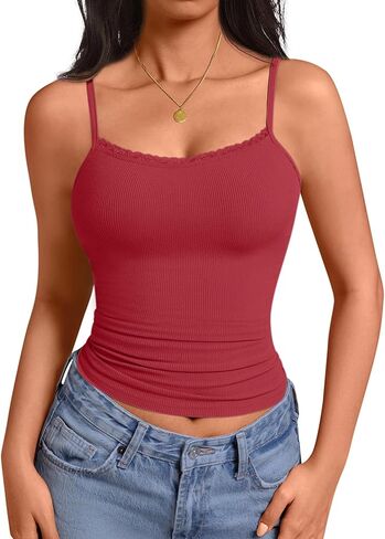Camisole Tops for Women Lace Tank Top Ribbed Low Cut Fitted Basic Casual Shirts Adjustable Spaghetti Strap Tanks in Saudi Arabia