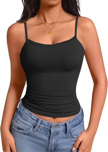 Camisole Tops for Women Lace Tank Top Ribbed Low Cut Fitted Basic Casual Shirts Adjustable Spaghetti Strap Tanks in Saudi Arabia