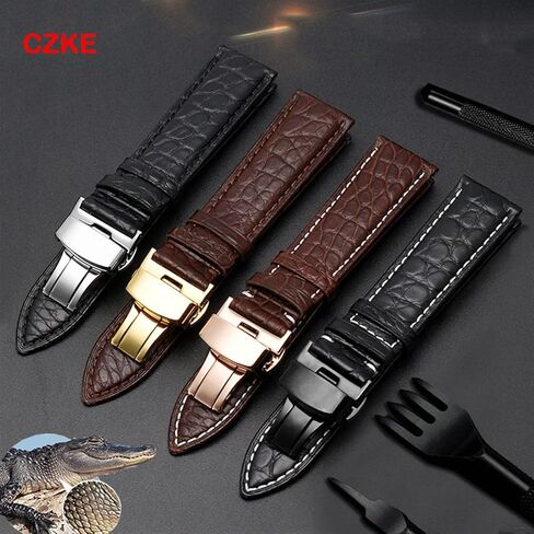 SKM Crocodile Leather watchband for Any Brand Wristband 16 17 18 19mm Straps with Folding Clasp (Color : Black Silver, Size : 18mm) in Saudi Arabia