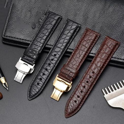 SKM Crocodile Leather watchband for Any Brand Wristband 16 17 18 19mm Straps with Folding Clasp (Color : Black Silver, Size : 18mm) in Saudi Arabia
