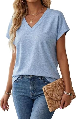 تي شيرت نسائي برقبة على شكل حرف V فضفاض مناسب بأكمام دولمان، تونيك صيفي كاجوال ناعم من الحرير الصناعي للسراويل الضيقة والسفر وملابس الاسترخاء in Kuwait
