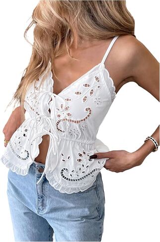 MakeMeChic Women's Hollow Out Cami Top Scallop Trim Tie Front Sleeveless Summer Boho Camisole in Saudi Arabia