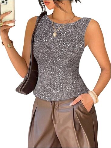 Verdusa Women's Y2K Sparkly Sequin Crew Neck Tank Top Party Club Festival Outfits in Saudi Arabia