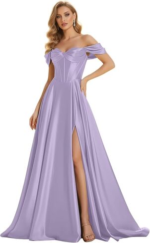Satin Off Shoulder Prom Dresses with Slit for Women Pleated Corset A Line Formal Wedding Guest Dress in Saudi Arabia