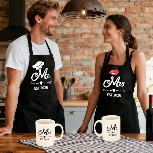 Mr and Mrs Est 2024 Mug and Apron Set, Wedding Engagement Anniversary Bridal Shower Gifts for Couple Mr and Mrs Smith Bride Groom Husband Wife Newlyweds Gifts. in Saudi Arabia