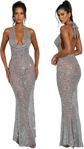 Women's Sheer Mesh Deep V Neck Dress Sparkly Sequins See Through Halter Long Dress Sleeveless Bodycon Maxi Dresses in Kuwait