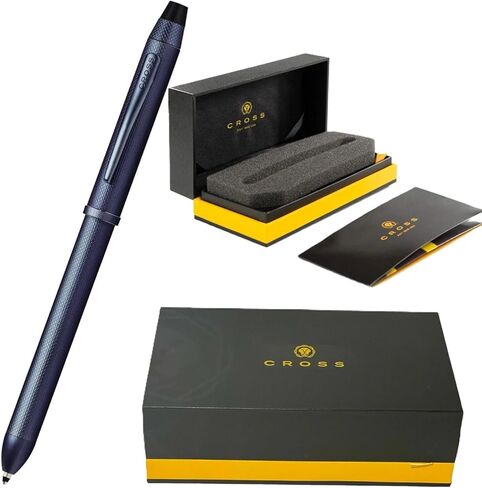 Cross Tech3+ with Sophisticated Brushed Dark Blue diamond pattern finish Barrel & interchangeable cap tops, Multi-function Pen - 0.5 MM Lead Pencil, Black Ink Refill & Red Ink Refill in One Pen. in Saudi Arabia