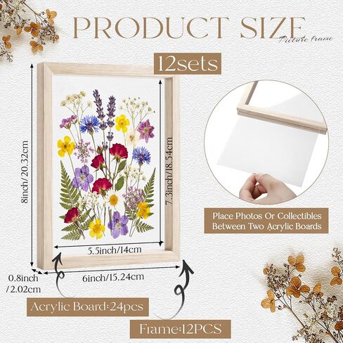 12 Pack Pressed Flower Frames 8x6, Double Clear Acrylic Floating Picture Frame for Botanical Specimen, Wooden Herbarium Display Frame for Wall or Tabletop, DIY Flower Preservation Decor in Kuwait