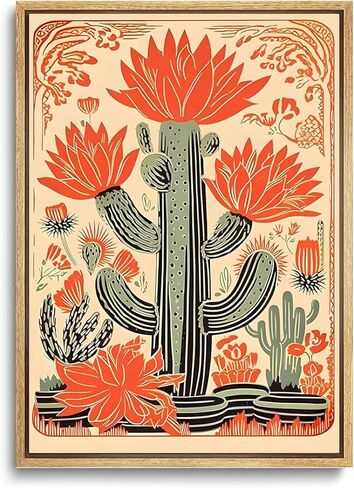 KISSFOX Framed Mexican Canvas Wall Art Cactus Desert Plant Poster Prints Vintage Green Pink Orange Botanical Floral Painting Colorful Southwestern Rustic Picture Decor Living Room Bathroom Bedroom in Kuwait