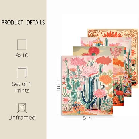 KISSFOX Framed Mexican Canvas Wall Art Cactus Desert Plant Poster Prints Vintage Green Pink Orange Botanical Floral Painting Colorful Southwestern Rustic Picture Decor Living Room Bathroom Bedroom in Kuwait