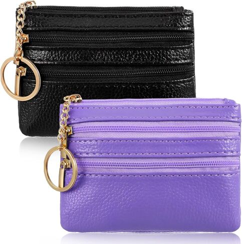 قطعتان من محفظة العملات المعدنية الصغيرة للنساء، محفظة تغيير من جلد البولي يوريثان للعملات المعدنية مع سلسلة مفاتيح، محفظة حامل بطاقات للنساء والرجال هدايا (أسود، أرجواني) in Kuwait