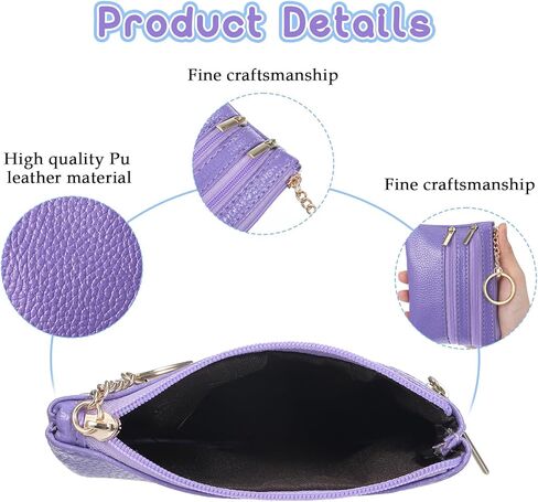 قطعتان من محفظة العملات المعدنية الصغيرة للنساء، محفظة تغيير من جلد البولي يوريثان للعملات المعدنية مع سلسلة مفاتيح، محفظة حامل بطاقات للنساء والرجال هدايا (أسود، أرجواني) in Kuwait