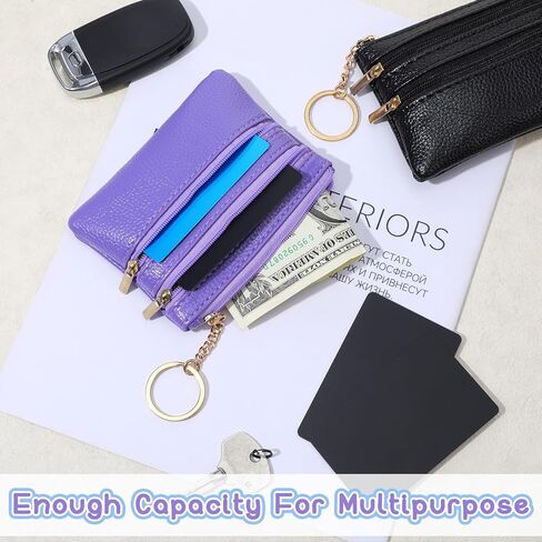 قطعتان من محفظة العملات المعدنية الصغيرة للنساء، محفظة تغيير من جلد البولي يوريثان للعملات المعدنية مع سلسلة مفاتيح، محفظة حامل بطاقات للنساء والرجال هدايا (أسود، أرجواني) in Kuwait