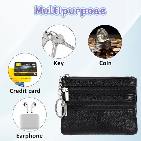 قطعتان من محفظة العملات المعدنية الصغيرة للنساء، محفظة تغيير من جلد البولي يوريثان للعملات المعدنية مع سلسلة مفاتيح، محفظة حامل بطاقات للنساء والرجال هدايا (أسود، أرجواني) in Kuwait