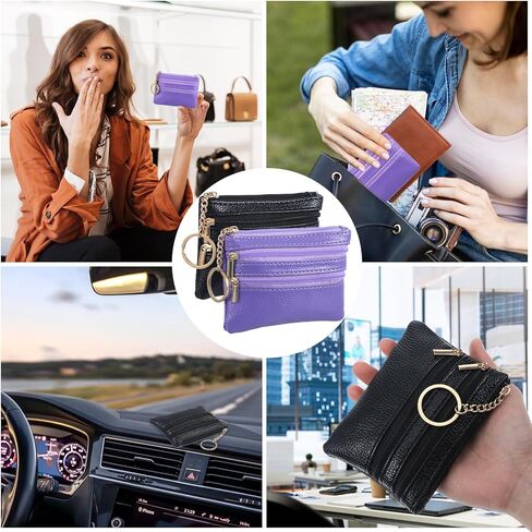 قطعتان من محفظة العملات المعدنية الصغيرة للنساء، محفظة تغيير من جلد البولي يوريثان للعملات المعدنية مع سلسلة مفاتيح، محفظة حامل بطاقات للنساء والرجال هدايا (أسود، أرجواني) in Kuwait