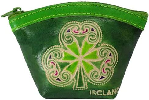 Shamrock Leather Fan Purse St. Patrick's Day Irish Thematic Hand-Painted Money and Coin Pocket 4.3'', Green in Kuwait