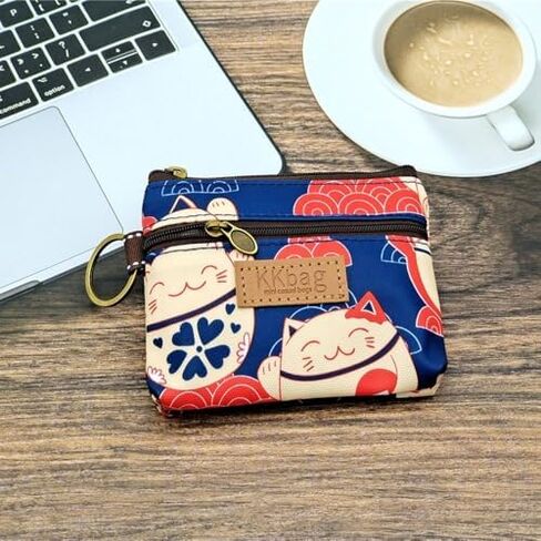 Cartoon Animal Pattern Compact Wallet - Polyester Key Card Holder with Zipper Closure, Ultra-Light Daily Storage Bag(Red Blue) in Saudi Arabia