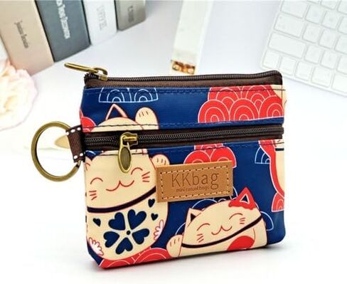 Cartoon Animal Pattern Compact Wallet - Polyester Key Card Holder with Zipper Closure, Ultra-Light Daily Storage Bag(Red Blue) in Saudi Arabia