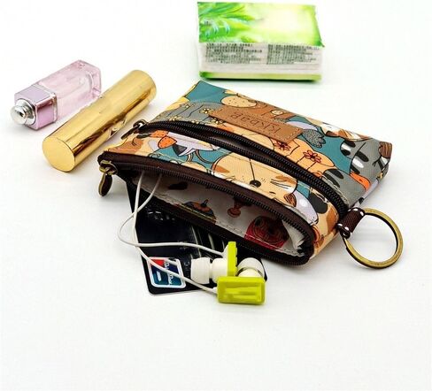 Cartoon Animal Pattern Compact Wallet - Polyester Key Card Holder with Zipper Closure, Ultra-Light Daily Storage Bag(Red Blue) in Saudi Arabia