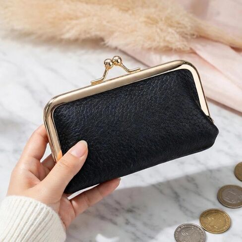 Head Layer Cowhide Coin Purse with Kiss Lock, Mini Clip Wallet for Coins & Cards, Small Change Pouch, Gifts for Women,Pink in Saudi Arabia