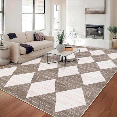 سجادة GarveeHome مقاس 8x10 قابلة للغسل لغرفة المعيشة وغرفة النوم والمكتب، سجادة منطقة محايدة ذات كومة منخفضة سجادة منطقة مربعات هندسية غير قابلة للانزلاق مقاومة للبقع في غرفة الطعام، أسود وبني in Saudi Arabia