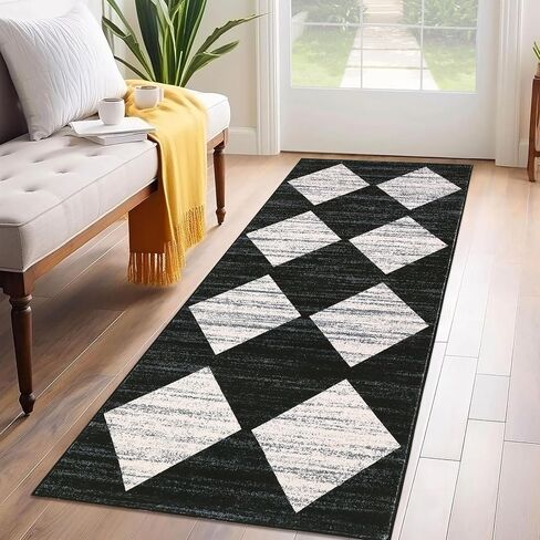 GarveeHome 8x10 Washable Rug for Living Room, Bedroom, Office, Low Pile Neutral Area Rug Geometric Checkered Area Rugs Non Slip Stain Resistant Dining Room Carpet, Black and Brown in Saudi Arabia