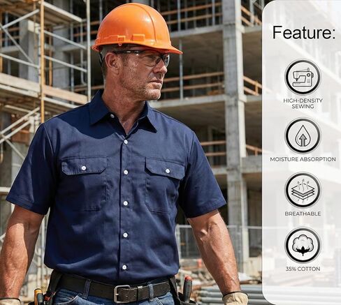 Mens Work Shirt Short Sleeve Durable Button Down Utility Shirts with Two Chest Pockets Wrinkle-Resistant in Saudi Arabia