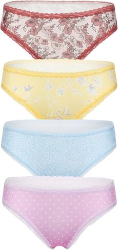 Women's Floral Lace Trim Bikini Panties, 4 Pack, Pink Yellow Blue Purple, Mixed Patterns in Saudi Arabia