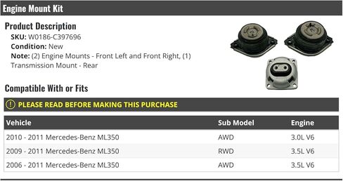 Engine Motor Mount and Transmission Mount Kit - 3 Piece - Compatible with 2006-2011 Mercedes-Benz ML350 in Saudi Arabia