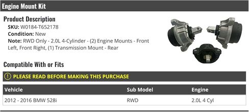 Engine Mount and Transmission Mount Kit - 3 Piece - Compatible with 2012-2016 BMW 528i RWD 2.0L 4-Cylinder in Saudi Arabia