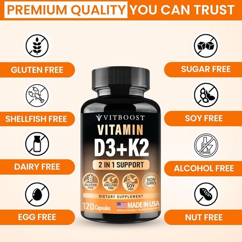 مركب فيتامين د3 ك2 - سهل البلع - فيتامين د (د3) 5000 وحدة دولية (125 ميكروجرام) و ك2 (MK-7) 90 ميكروجرام | غير معدلة وراثيًا | خالي من الغلوتين | صنع في الولايات المتحدة الأمريكية | 120 كبسولة in Kuwait