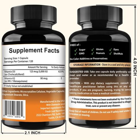 مركب فيتامين د3 ك2 - سهل البلع - فيتامين د (د3) 5000 وحدة دولية (125 ميكروجرام) و ك2 (MK-7) 90 ميكروجرام | غير معدلة وراثيًا | خالي من الغلوتين | صنع في الولايات المتحدة الأمريكية | 120 كبسولة in Kuwait