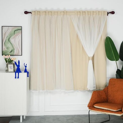 INLINAS Beige Blackout Curtains with Sheer Overlay - Back Tab and Rod Pocket Thermal and Noise Reduction Panels for Bedroom and Living Room Light Blocking and Energy Saving, 52 x 63 Inches, Set of 2 in Kuwait