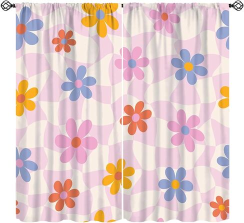 Pink Pastel Checkered Curtain, Cute Plaid Girls 70s Modern Flower Aesthetic Funky Hippie Colorful Abstract Window Drapes for Bedroom Living Room Bathroom 42" W X 45" L(No Blackout) in Saudi Arabia