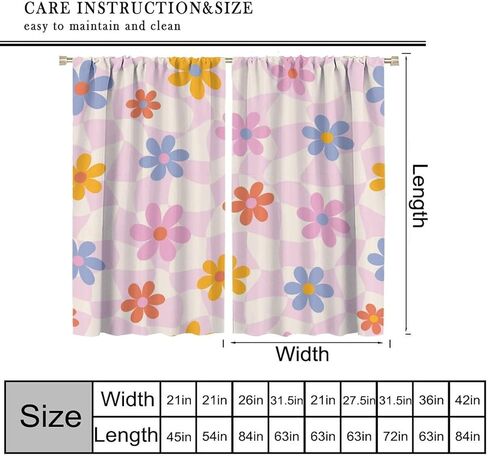 Pink Pastel Checkered Curtain, Cute Plaid Girls 70s Modern Flower Aesthetic Funky Hippie Colorful Abstract Window Drapes for Bedroom Living Room Bathroom 42" W X 45" L(No Blackout) in Saudi Arabia