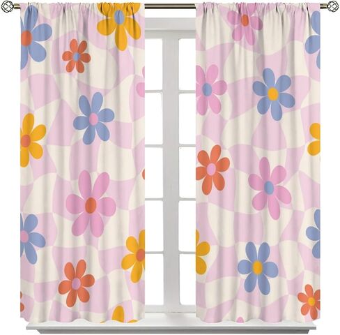 Pink Pastel Checkered Curtain, Cute Plaid Girls 70s Modern Flower Aesthetic Funky Hippie Colorful Abstract Window Drapes for Bedroom Living Room Bathroom 42" W X 45" L(No Blackout) in Saudi Arabia