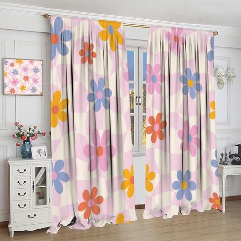 Pink Pastel Checkered Curtain, Cute Plaid Girls 70s Modern Flower Aesthetic Funky Hippie Colorful Abstract Window Drapes for Bedroom Living Room Bathroom 42" W X 45" L(No Blackout) in Saudi Arabia