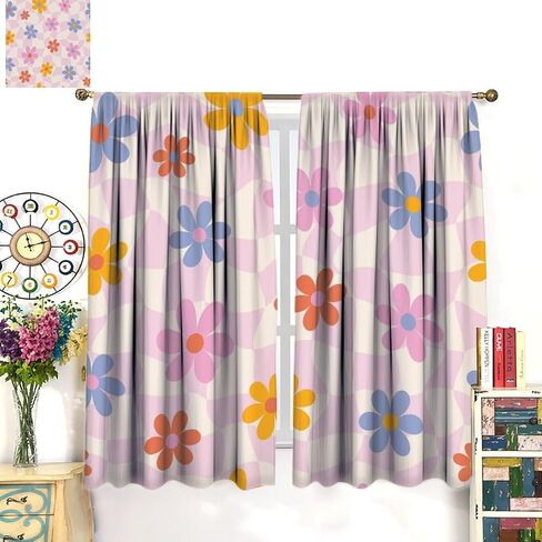 Pink Pastel Checkered Curtain, Cute Plaid Girls 70s Modern Flower Aesthetic Funky Hippie Colorful Abstract Window Drapes for Bedroom Living Room Bathroom 42" W X 45" L(No Blackout) in Saudi Arabia