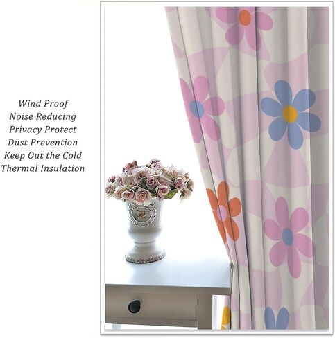 Pink Pastel Checkered Curtain, Cute Plaid Girls 70s Modern Flower Aesthetic Funky Hippie Colorful Abstract Window Drapes for Bedroom Living Room Bathroom 42" W X 45" L(No Blackout) in Saudi Arabia