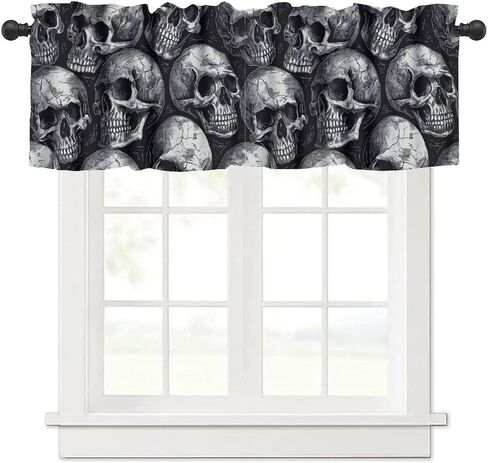 Gothic Window Valance Curtains Black Skull Pattern Short Curtain for Kitchen Living Room Bathroom Windows W54xL18in in Kuwait